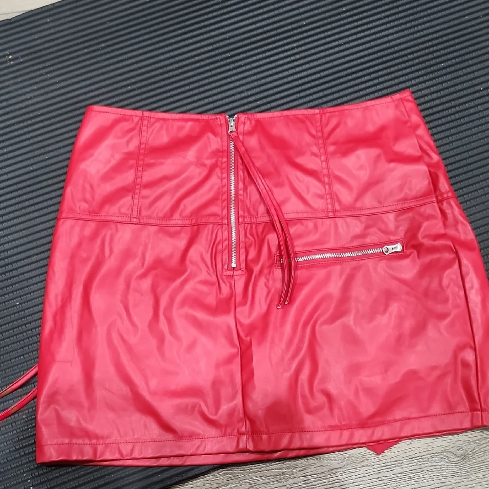 Red Faux Leather Mini Skirt with Heart Detail